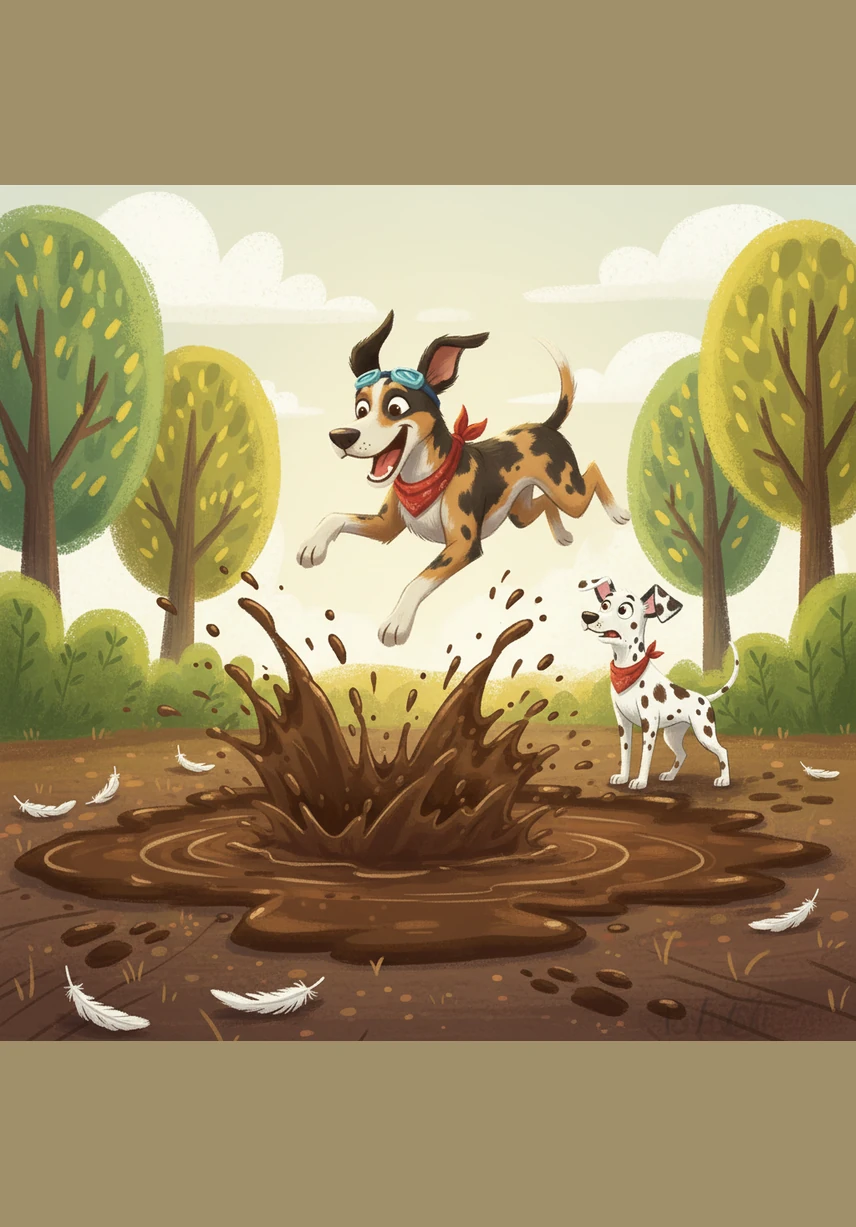 After the feathers settled, the brothers discovered a magnificent, deep, and very muddy puddle. Without a second thought, Matrix launched himself into the air, ready for a giant, messy splash.