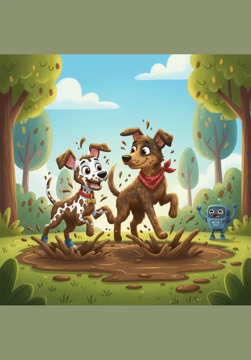 Bobby looked at his muddy brother and decided he couldn't let him have all the fun. He jumped in too, and soon they weren't just spotty dogs anymore; they were completely covered in thick, glorious brown mud from head to toe.