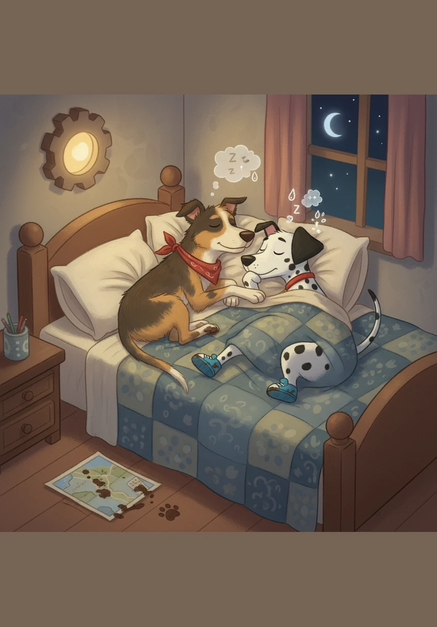 That night, the two brothers curled up together in their warm bed, exhausted from their long journey. As they drifted off to sleep, Matrix whispered about what they might do tomorrow, while Bobby just dreamed of a day with much less mud.