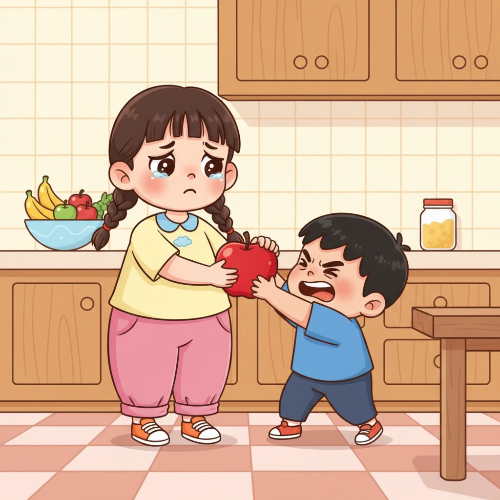 姐姐的性子很软，从不反抗，只是红着眼圈默默忍受。尽管乐乐对她很坏，但姐姐心里却总是疼爱弟弟。每次买了好吃的，她总会悄悄把最大最好的塞给乐乐，嘴上还硬说自己不爱吃，怕吃多了会更胖。