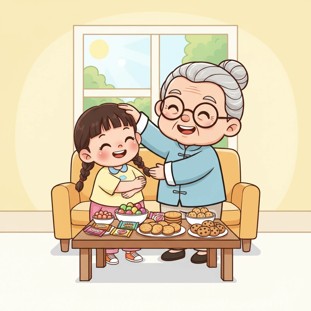 乐乐一到外婆家，就被外婆紧紧搂住，外公也慈祥地摸着他的头。桌上摆满了各种美味的零食，乐乐靠在外婆怀里撒娇，觉得自己就像个被宠爱的小神仙，生活无比幸福。