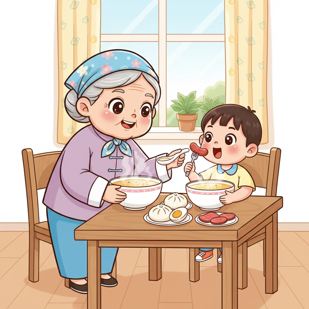 每天清晨，外婆早早起床为乐乐准备丰盛的早餐。她会端着热腾腾的小米粥、肉包子和鸡蛋来到乐乐床边，温柔地哄他起床。乐乐坐在餐桌前，外婆给他盛满两大碗粥，还细心地剥鸡蛋、切火腿肠，一口一口地喂他，生怕他吃不饱。