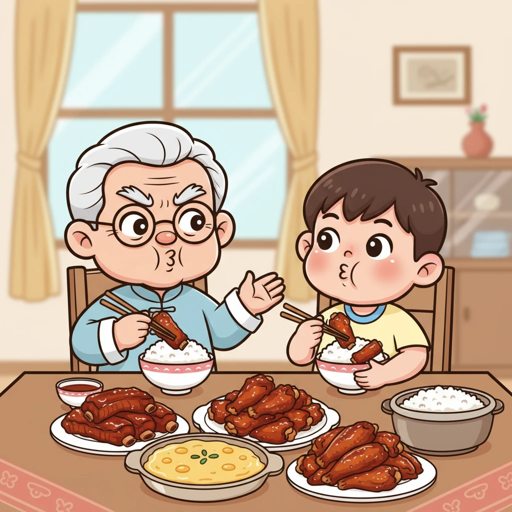 午饭和晚饭更是花样繁多，红烧排骨、鸡蛋羹、可乐鸡翅轮番上阵。外公坐在乐乐身边，不断给他夹菜，并“假装生气”地要求他必须再吃一碗饭，不然就不陪他去钓鱼。乐乐只好乖乖吃下，即使肚子已经很饱了。