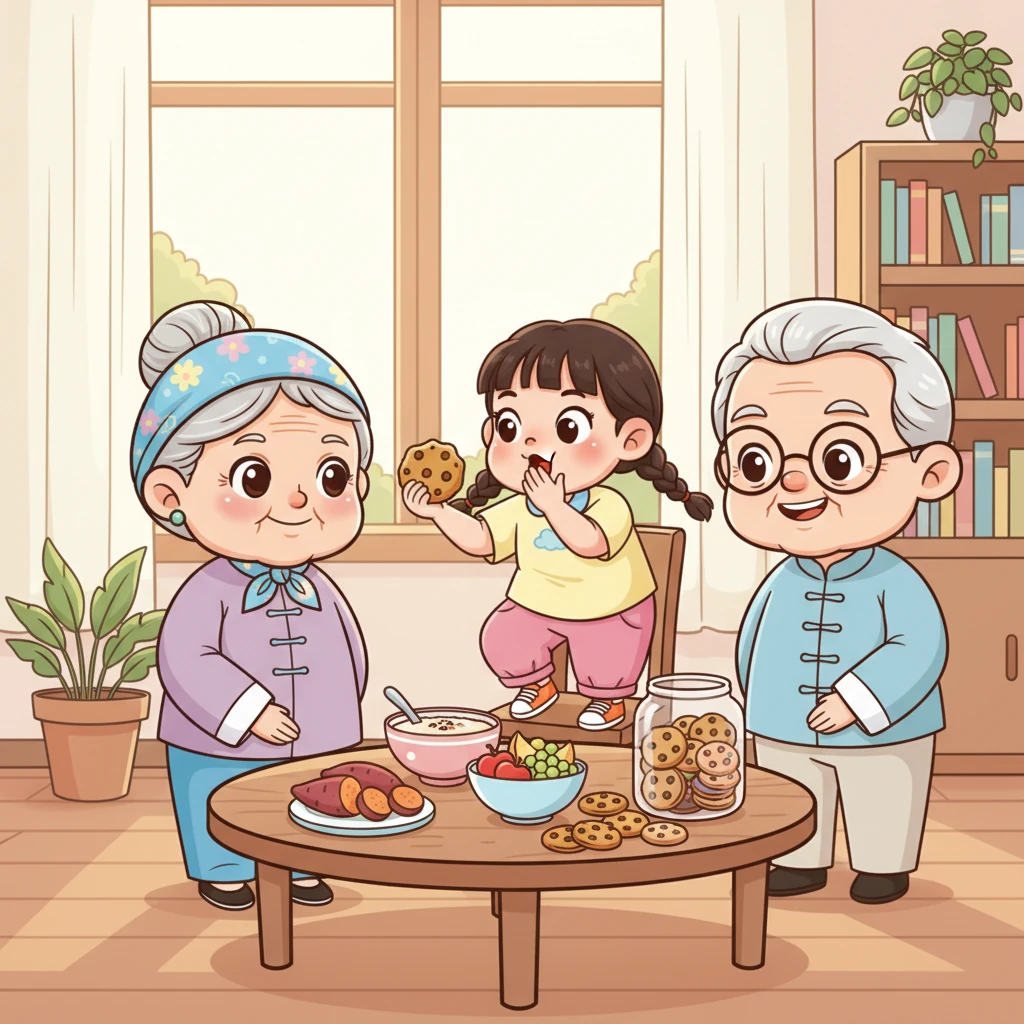 下午的加餐也从不落下，有时是甜甜的米糊，有时是软糯的红薯，还有切好的水果。外婆还在桌上摆满零食，乐乐嘴上答应先吃饭，饭后却偷偷吃下好几块饼干，外婆外公看到也只是笑着说“能吃是福”。