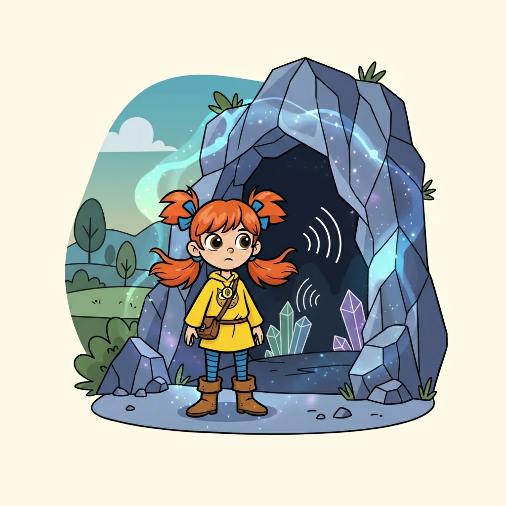 Finally, she reached the entrance of the Crystal Caves. The air shimmered with an otherworldly glow. The caves were dark and mysterious, filled with echoing sounds.