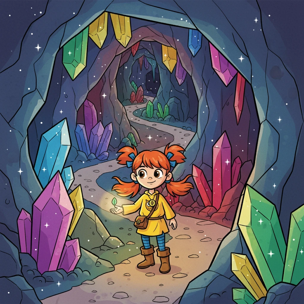 Inside, the cave walls sparkled with crystals of all colors. The path was winding and confusing. Willow used the glowing seed Professor Hoot had given her, and it illuminated the way.
