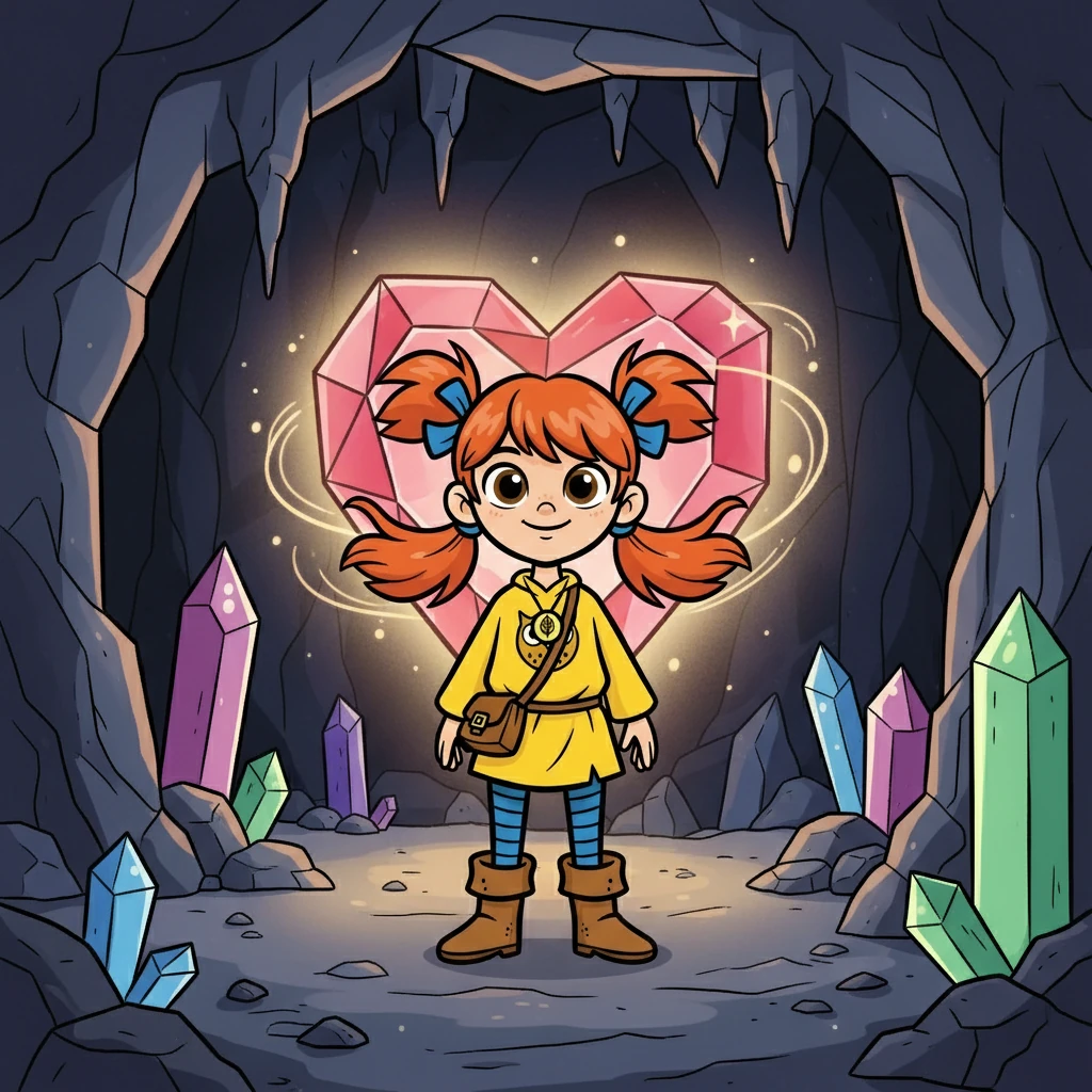 Deeper inside the cave, she found a giant crystal heart, pulsating with a soft light. The lost lullaby seemed to be emanating from it.