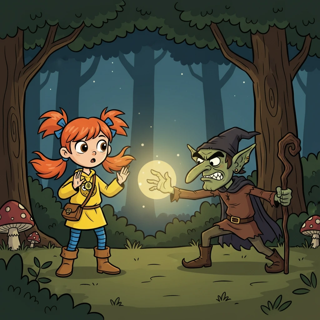 But a shadowy figure, a grumpy goblin, appeared and tried to steal the lullaby for himself. He wanted to use it to create chaos in the woods.