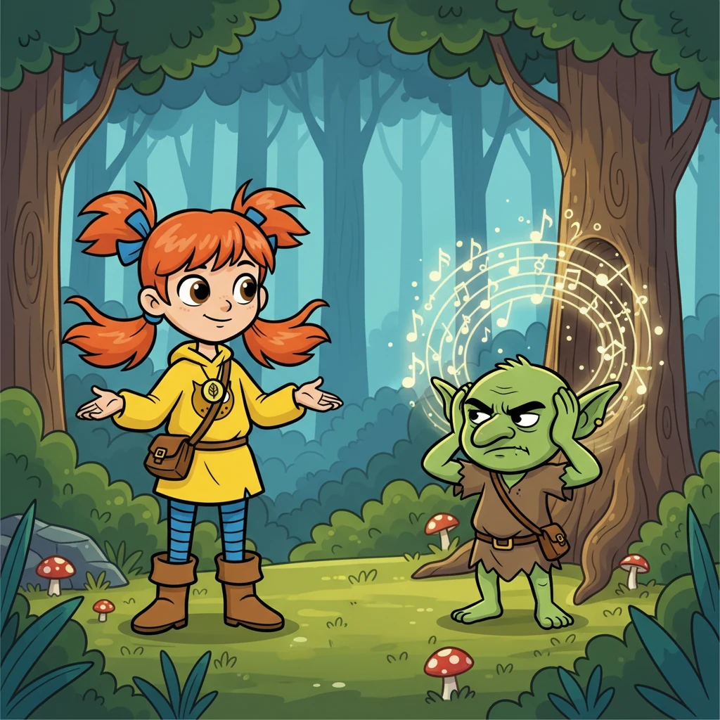 Willow stood her ground. She tried to reason with the goblin, but he wouldn't listen. She knew she had to protect the lullaby and the peace of the woods.