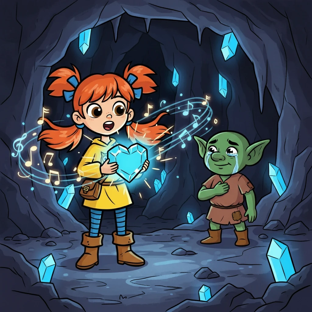 As she sang, the crystal heart glowed brighter, and the lullaby filled the cave. The goblin, overwhelmed by the beauty of the music, felt a change in his heart.
