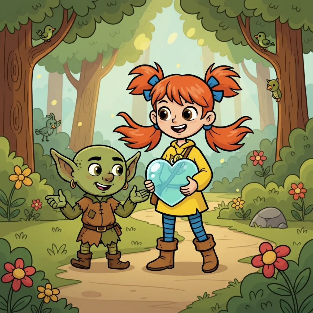 The goblin, no longer grumpy, apologized and promised to help restore peace to the woods. He even helped Willow carry the crystal heart.