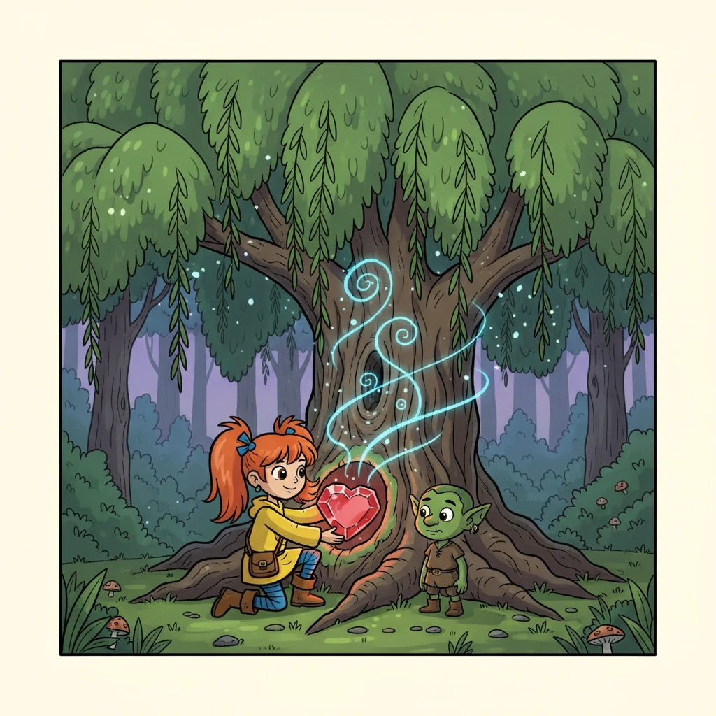 Willow, with the goblin and the crystal heart, returned to the Whispering Willow tree. As she placed the heart near the tree, the tree's whispers returned, stronger than ever.