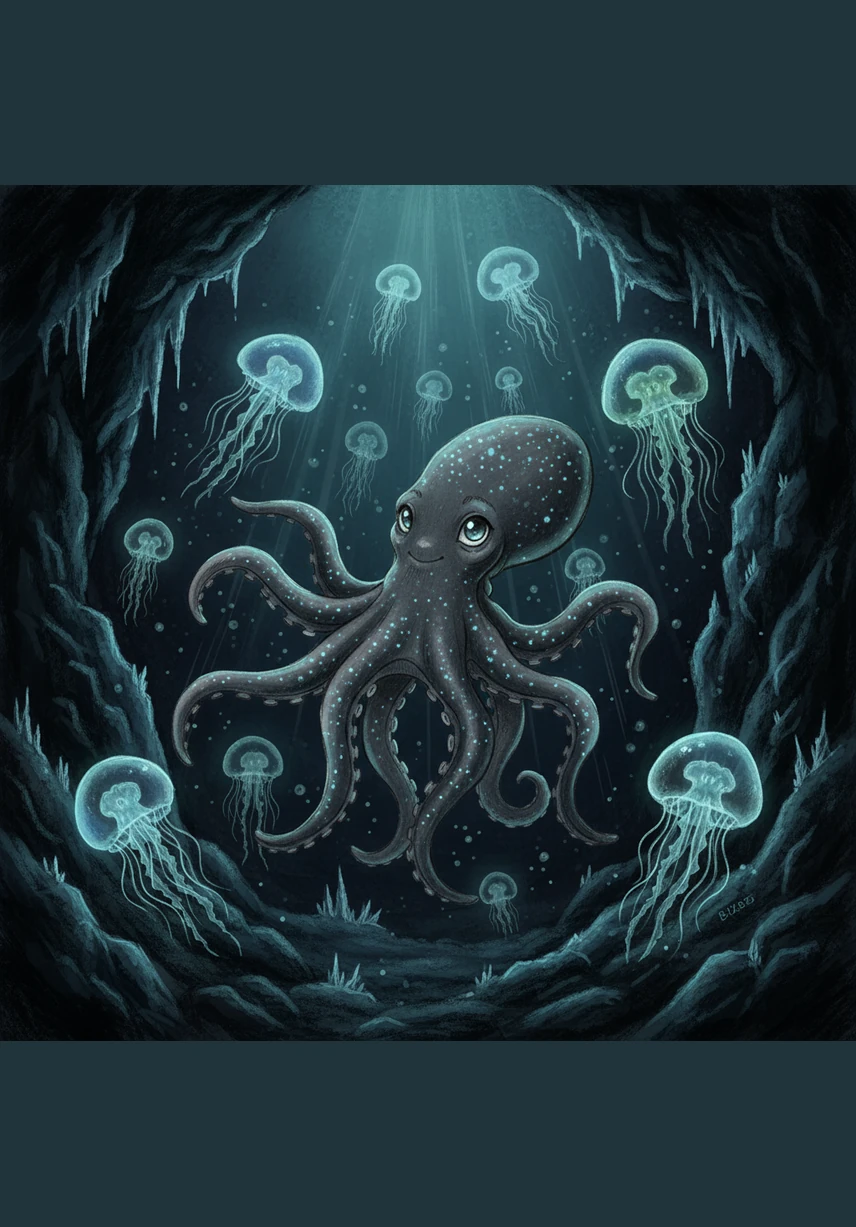 Far away in the icy, dark trenches of the Arctic, Astra lived a quiet life among the glowing jellyfish. She was a creature of the shadows, draped in bioluminescent spots that shimmered like stars in the deep, freezing water.