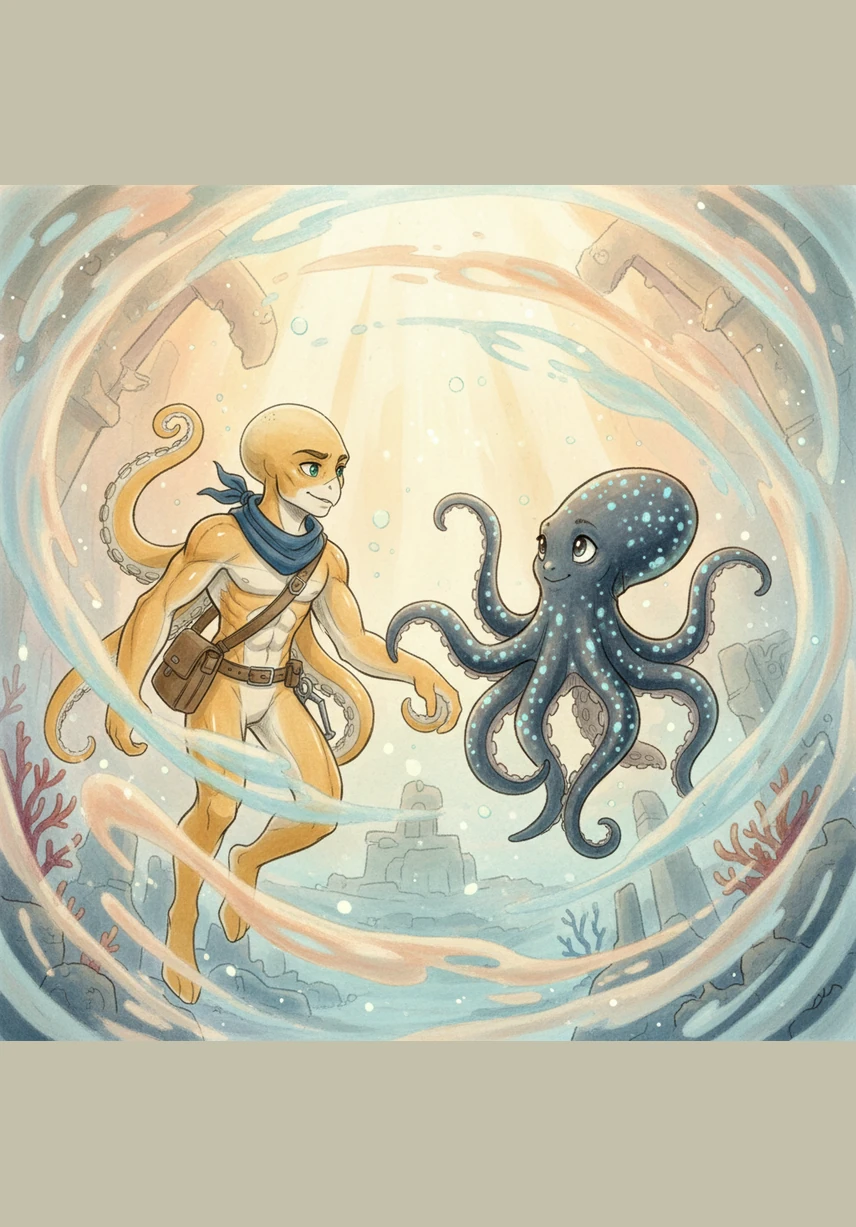 They met by chance at the Great Convergence, where the warm and cold currents swirled together in a misty underwater dance. In that fleeting moment, their eyes met, and a spark of curiosity turned into a deep, wordless connection that neither could forget.