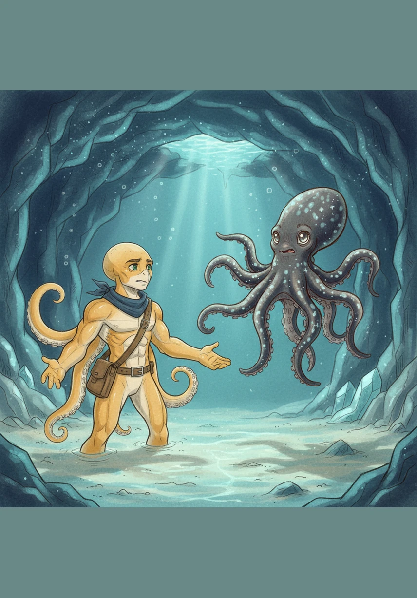 Together, they began to build a new home, weaving together the bright shells of the Pacific with the glowing crystals of the deep. It was a unique sanctuary that reflected both of their worlds, creating a bridge between the sun-kissed surface and the mysterious shadows.