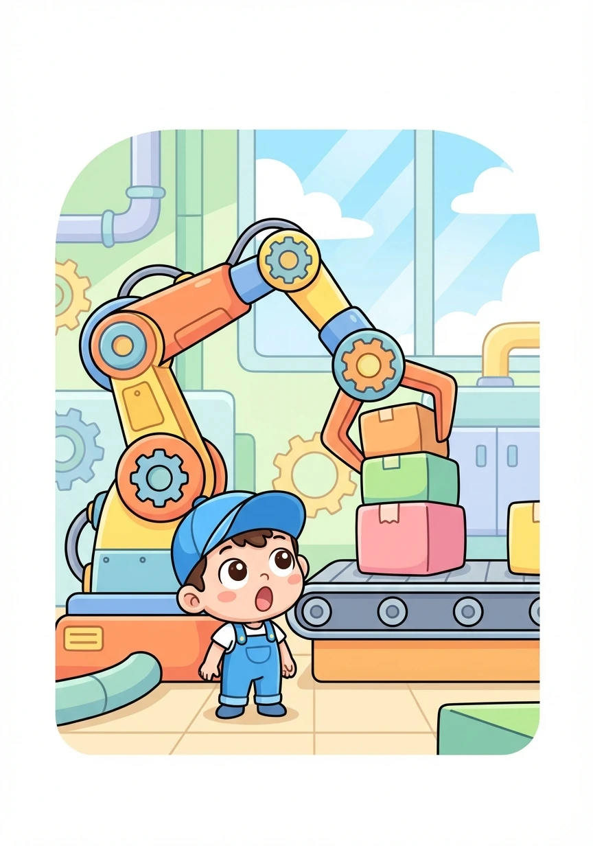 小智第一次來到工廠，看到巨大的機械手臂，感到非常好奇。他睜大了眼睛，看著機械手臂靈活地搬運著東西。