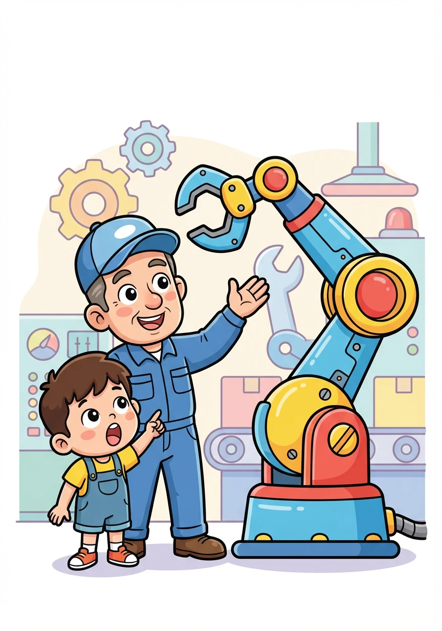 工廠的叔叔向小智介紹機械手臂。叔叔說，機械手臂就像一個超級助手，可以幫助人們完成很多工作。