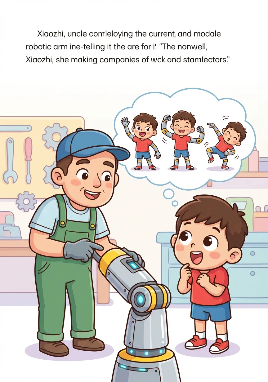 叔叔指著機械手臂的關節，告訴小智這些關節讓機械手臂可以自由移動。小智想像著自己也變成機械手臂，可以做出各種動作。