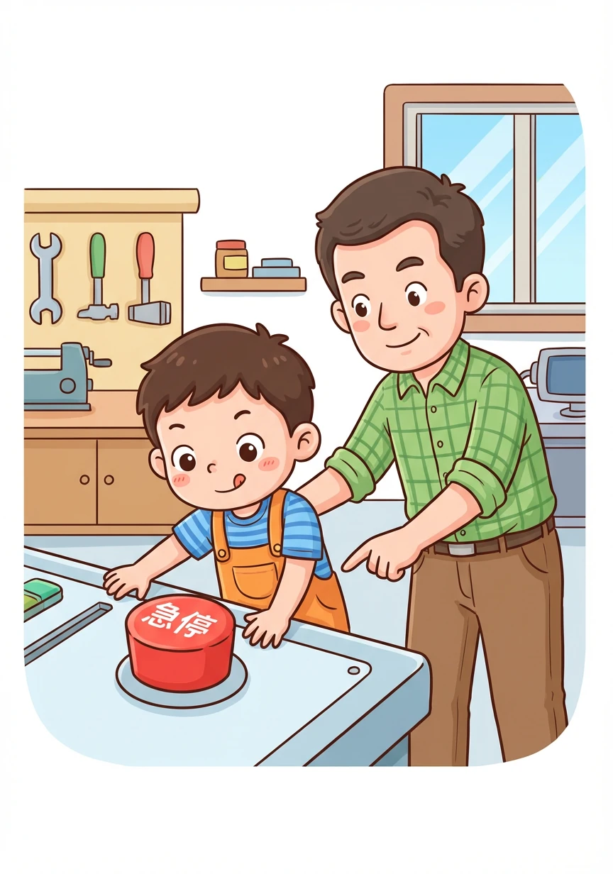 叔叔教小智操作前的安全檢查。小智認真地檢查急停按鈕，確保一切安全。