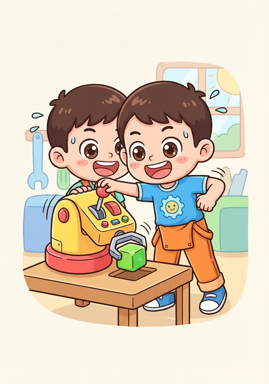 小智慢慢地移動機械手臂，將一個小方塊準確地放在指定位置。他興奮地笑了起來，為自己的進步感到驕傲。