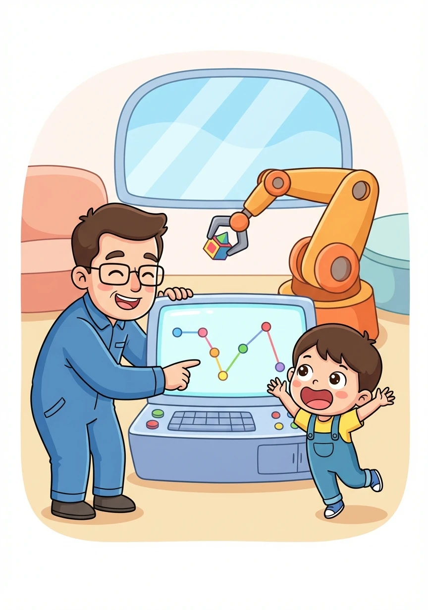 叔叔告訴小智，可以將機械手臂移動到的位置記錄下來，讓它重複執行。小智覺得這太神奇了！