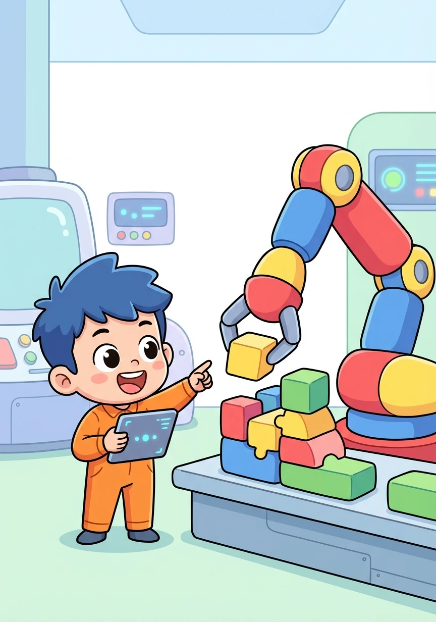 小智記錄了一系列位置點，讓機械手臂完成一個簡單的組裝動作。看著機械手臂有條不紊地工作，小智感到非常自豪。