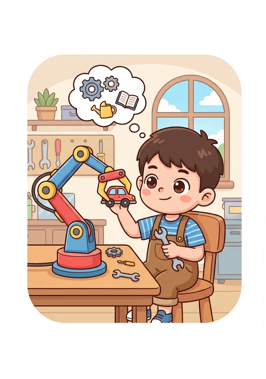 小智發現，只要稍加調整，機械手臂就能完成更複雜的工作。他開始思考如何利用機械手臂解決生活中的問題。