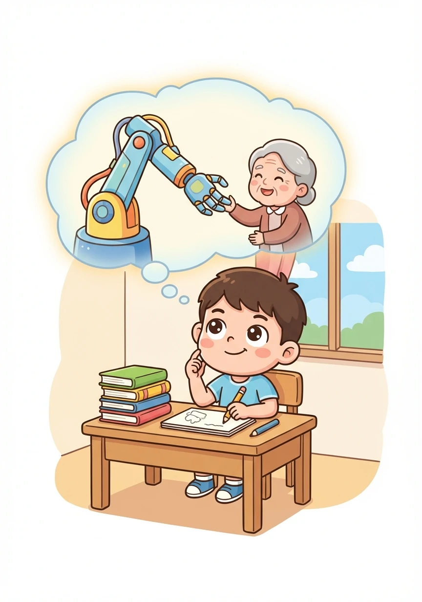 小智夢想著未來能發明更厲害的機械手臂，幫助更多的人。他相信，只要努力學習，就能實現自己的夢想。