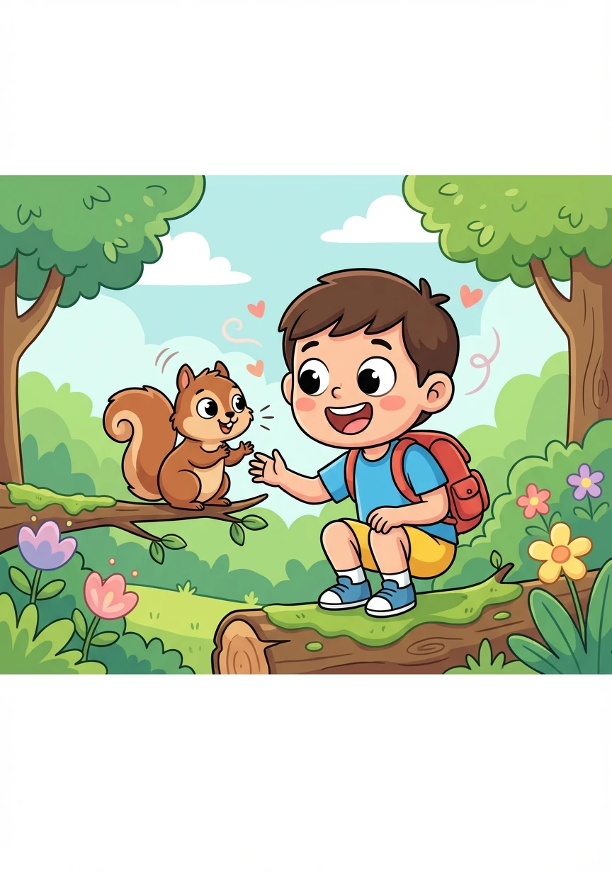 Toma, a bright-eyed boy with a small explorer backpack, lived near a lush forest inspired by Trivale. He had a special gift: he could understand what animals were feeling and trying to say.