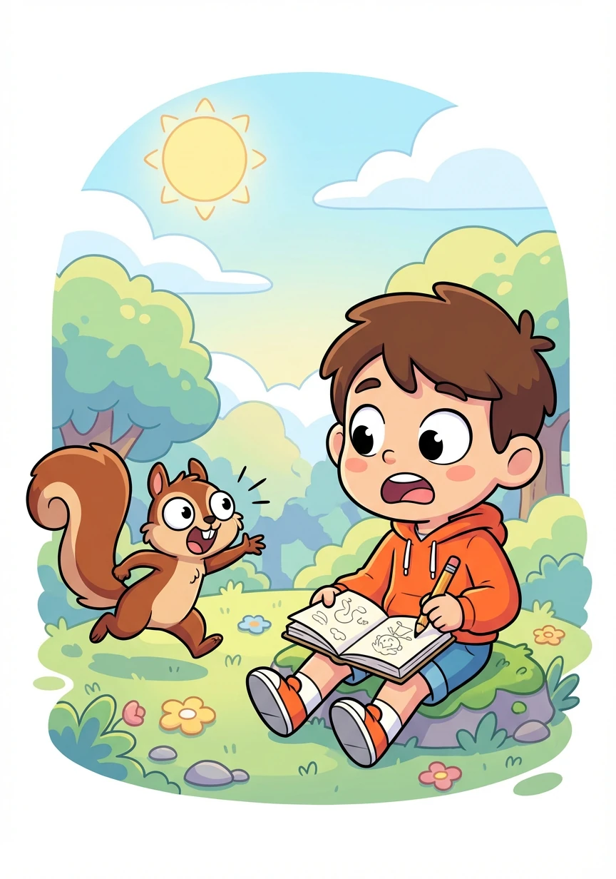 One sunny morning, as Toma was sketching in his notebook, a frantic squirrel dashed towards him. Its tiny eyes were wide with worry, and it chattered urgently, gesturing towards the deeper woods.
