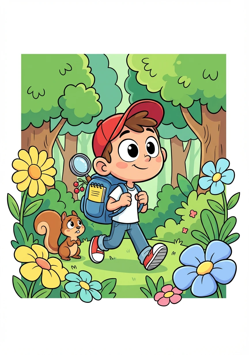 Understanding the squirrel's distress, Toma packed his backpack with essentials: a magnifying glass, a small notebook, and some berries. He followed the squirrel into the heart of the forest.