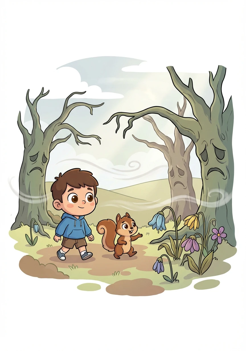 The squirrel led Toma to a clearing where the usually vibrant flowers were drooping, and the trees seemed to sigh with sadness. The air felt heavy and still.