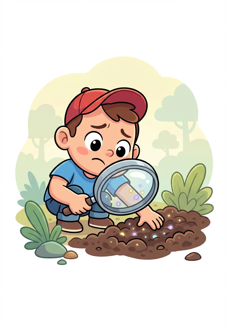 Using his magnifying glass, Toma examined the soil. He noticed tiny, shimmering particles that didn't belong there. He realized this was causing the forest to become ill.