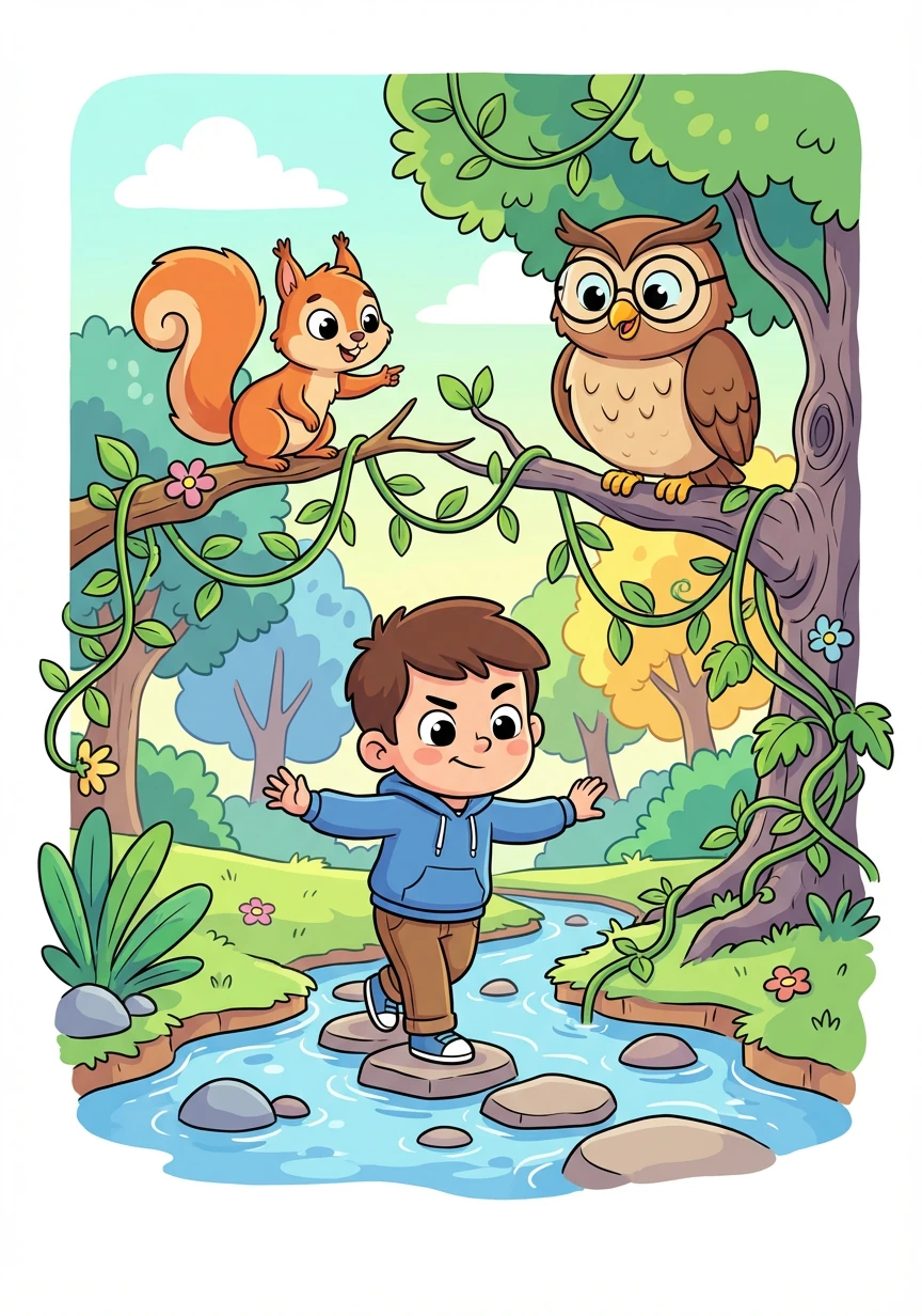 The squirrel, now joined by a wise old owl, guided Toma through tangled vines and across babbling brooks. They faced many challenges, but Toma's determination never wavered.