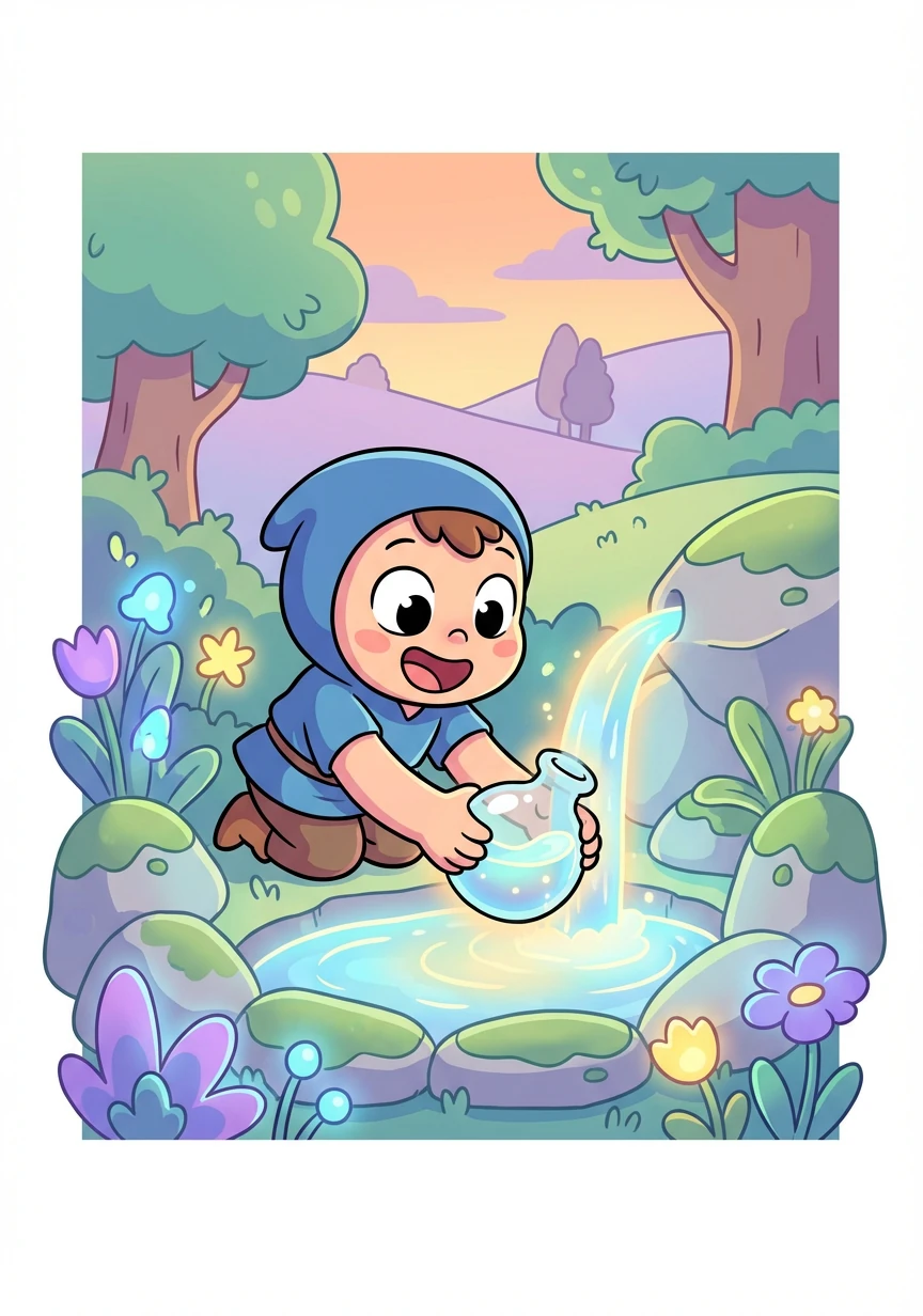 Finally, they reached the spring! Its water glowed with a soft, ethereal light. Toma carefully collected some in his water bottle.