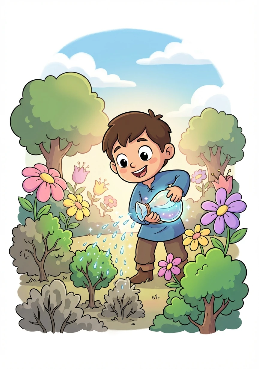 Toma returned to the clearing and sprinkled the magical water onto the affected plants and trees. Slowly, the forest began to revive, the flowers blooming brighter than before.
