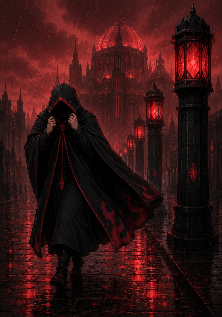 Vane pulled his heavy woolen hood tightly against the cold, drizzling rain as he hurried down the wet cobblestones of Prospekt Yedinstva. On either side, slender black basalt columns held antique lamps that cast a sharp, steady red glow from the faceted crystals locked inside them, reflecting on the pavement like pools of fresh blood. Ahead, the massive, intricate silhouette of the All-Union Assembly building loomed through the thick, red-tinted fog, its central glass dome glowing faintly like a dormant ember.