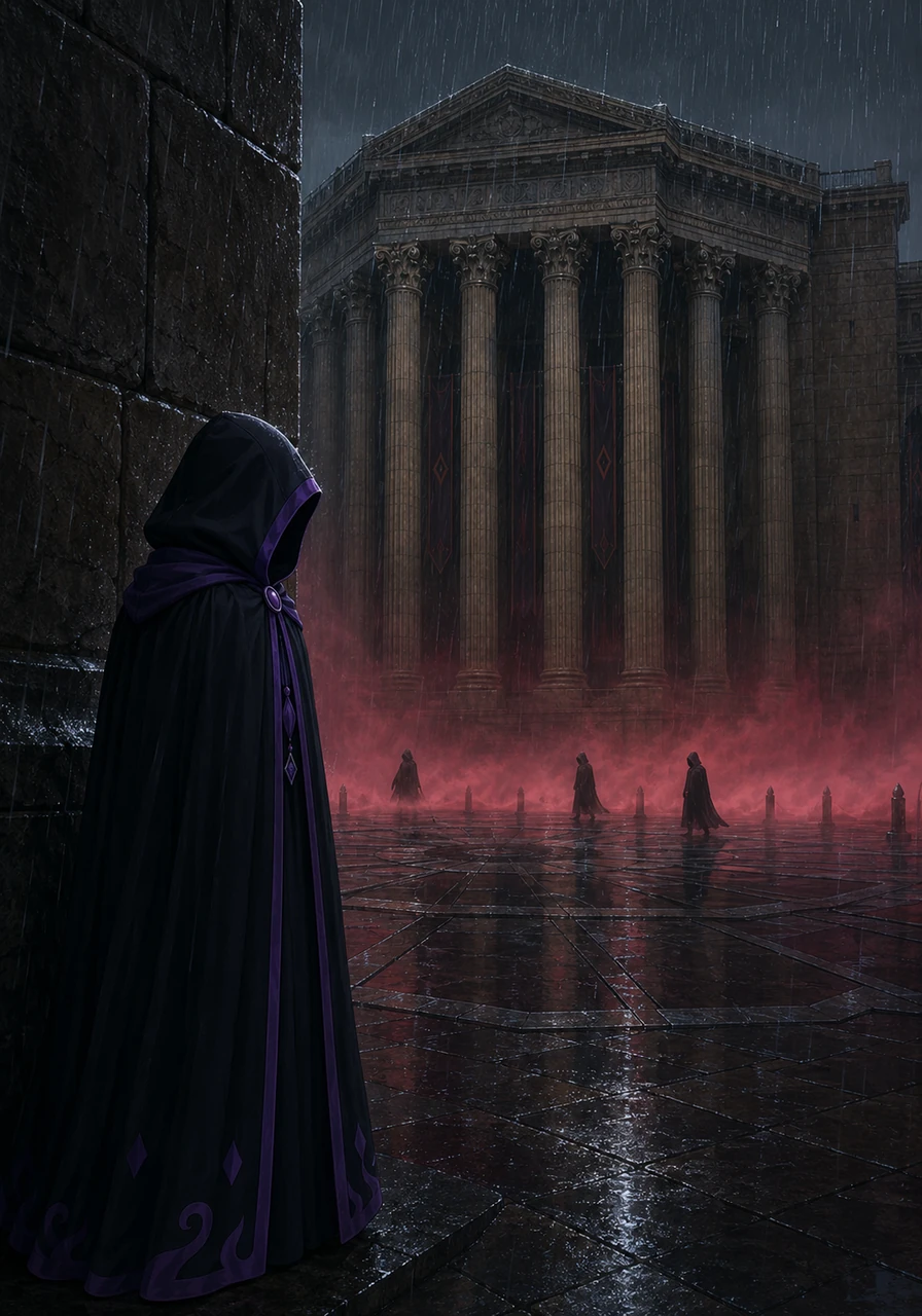 Stepping into the vast, irregular octagon of Unity Square, Vane paused near the towering tuff walls of the Cathedral Basilica of the Blind Serpent to observe the area. A few hooded figures crossed the wet square in the distance, their shapes blurred by the heavy rain and the low, waist-high crimson fog that hugged the ground. The immense West facade of the Assembly building dominated his view, its grand hexagonal portico and Corinthian columns standing like silent sentinels guarding dark secrets.