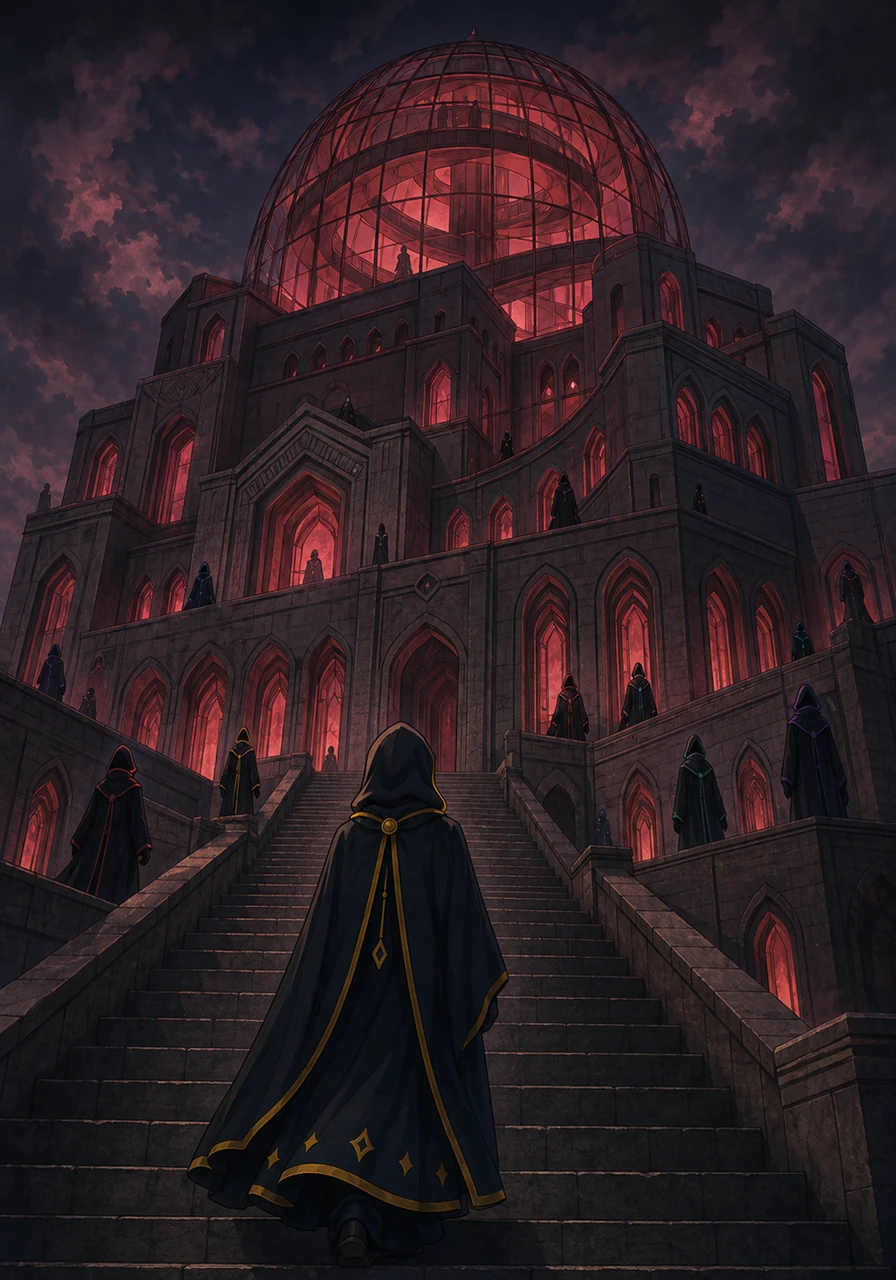 As Vane approached the grand stepped entrance of the Assembly, the sheer scale of the asymmetrical structure pressed down on him, each of its six floors adorned with sharply arched, Armenian-style carved windows. He looked up at the massive Foster-style glass dome where twin spiraling ramps wound through the dim red interior light, realizing the truth he sought lay somewhere inside that glowing labyrinth. With a deep breath, he climbed the stone steps, ready to confront the powerful forces that ruled Erz-Ken-Berna from the shadows.