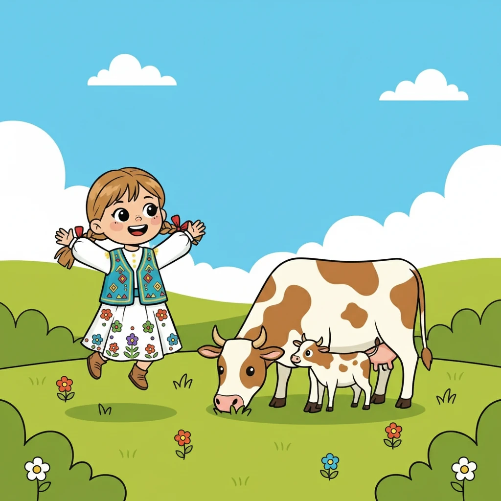 Сиыр жайылып жүр, жанында кішкентай бұзауы жүр. Бұзау сиырдың жанынан табылмайды, ол анасын жақсы көреді. Айгүл бұзауды көргенде қатты қуанды.