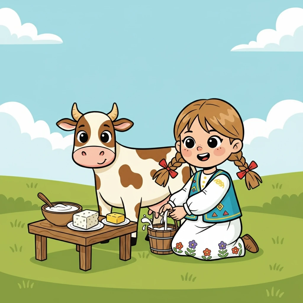 Айгүл сиырдан сүт сауды. Сүт ақ және тәтті екен. Айгүл сиырдың сүтінен айран, ірімшік және сары май жасалатынын білді.