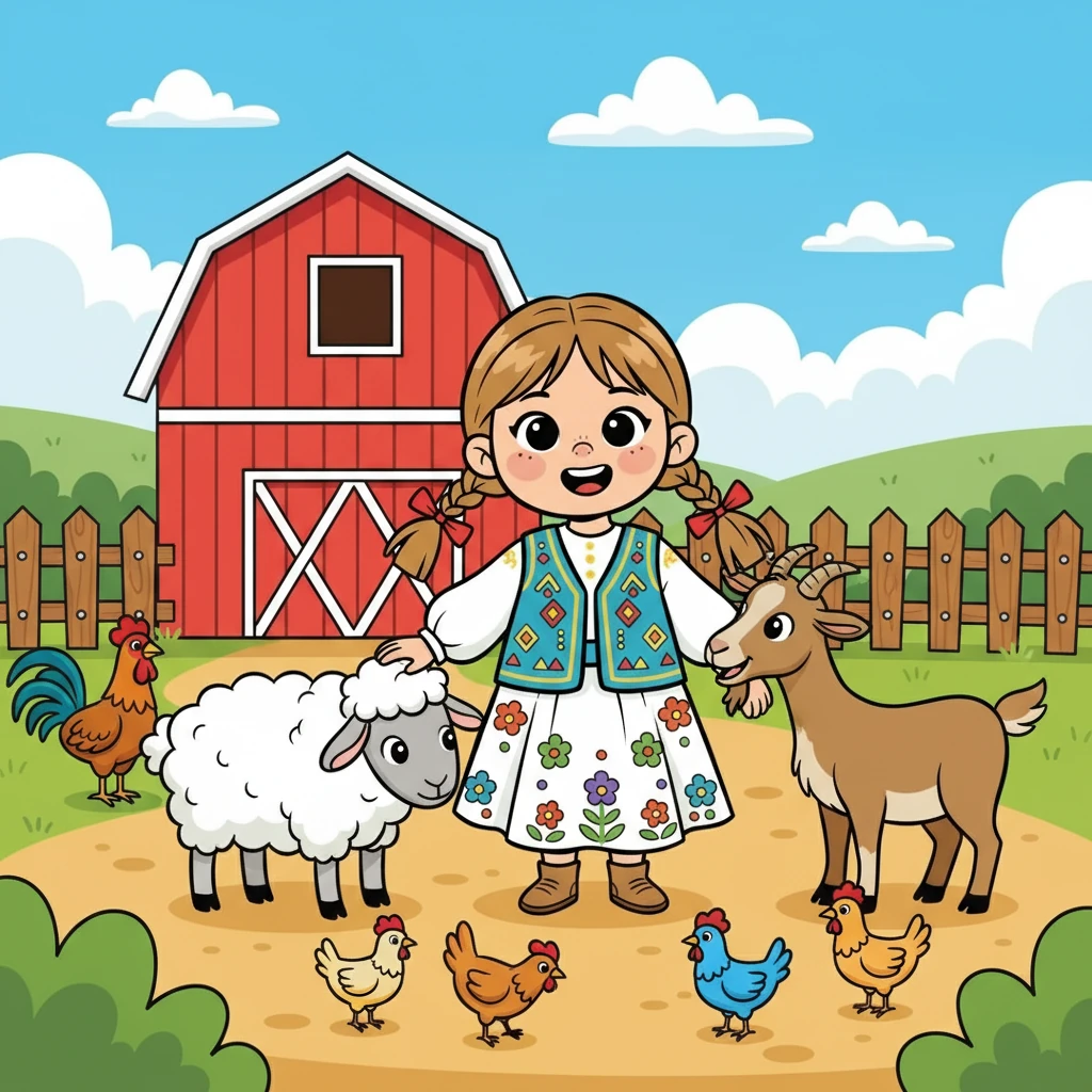 Фермада Айгүл үй жануарларымен танысты. Олар қойлар, ешкілер, тауықтар және басқа да жануарлар болды. Айгүл барлық жануарларды жақсы көрді.