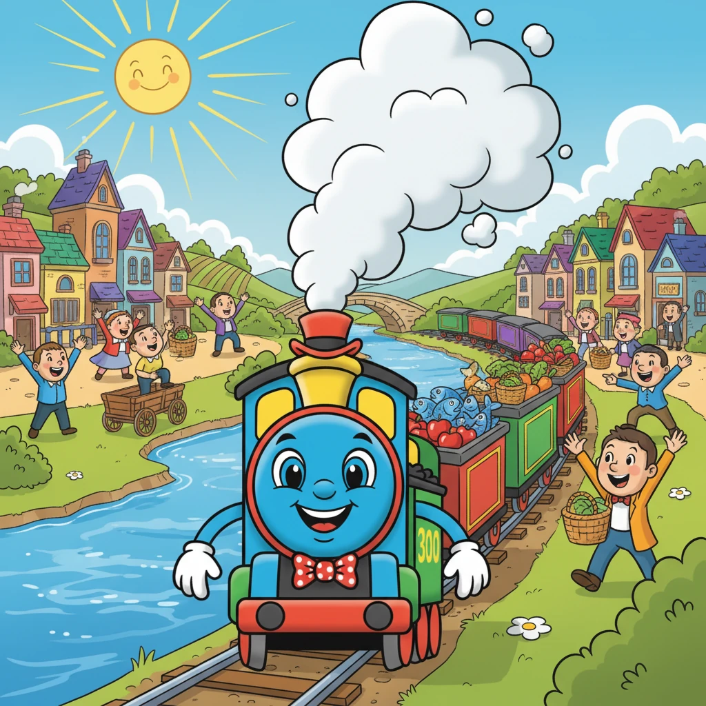 One sunny morning, Choo-Choo Charlie, a magnificent steam train, puffed into action! With a mighty "Chug-a-chug-a-choo-choo!", he linked two bustling towns that used to take days to reach by horse and cart. Crowds of happy people cheered as fresh apples and sparkling river fish arrived, making everyone's day brighter and connecting communities like never before.