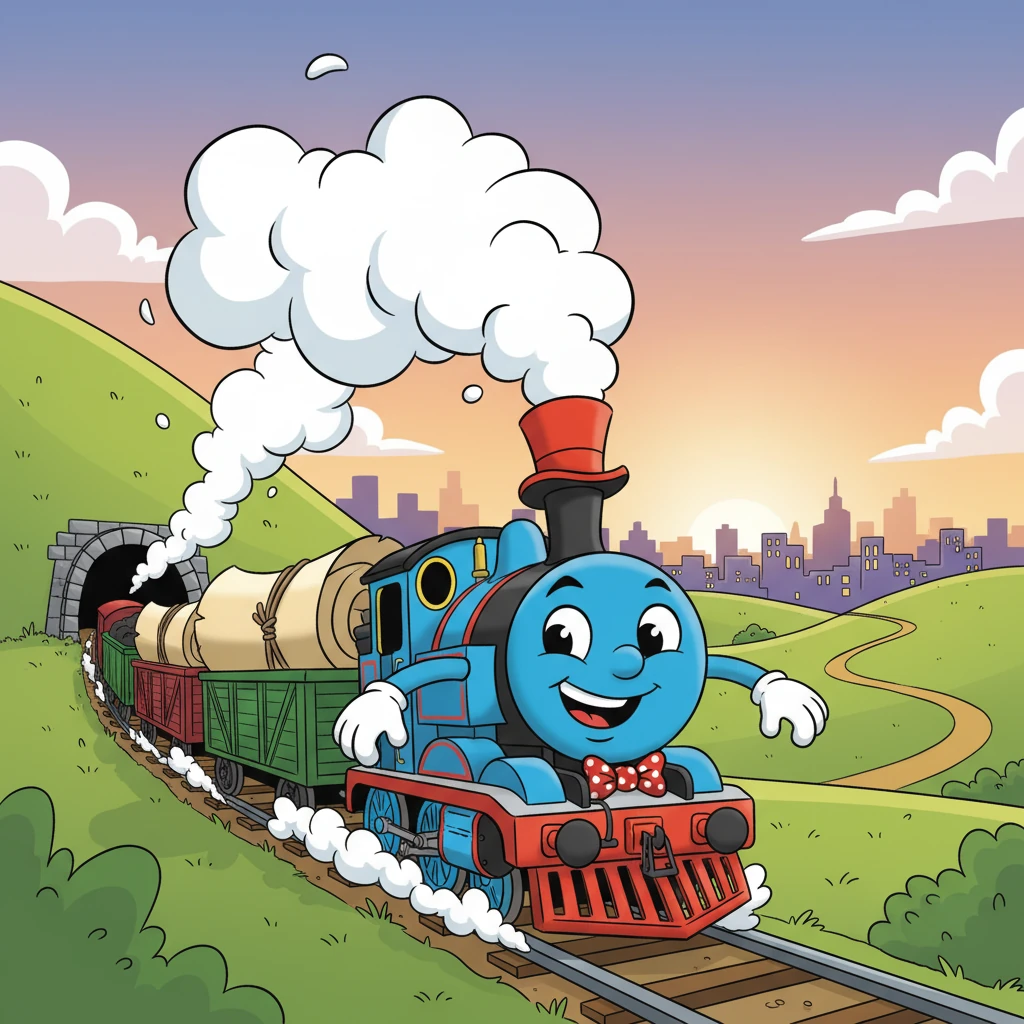 "I can start!" whistled Choo-Choo Charlie, his smokestack puffing bravely. With a powerful pull, he attached the enormous message to his sturdy freight cars. He chugged steadily for miles and miles, through winding valleys and dark tunnels, bringing the precious cargo to the bustling edge of a major city, his wheels turning tirelessly.