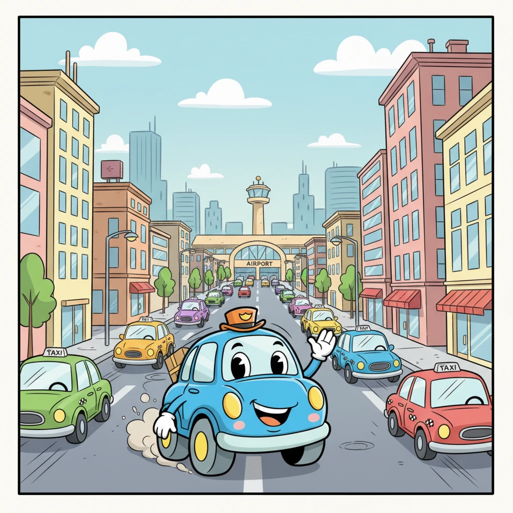 At the city station, Auto Andy eagerly took over. The message was now smaller, carefully packed into his backseat. Andy skillfully navigated the busy streets, zipping past tall buildings and hurried taxis, delivering the package quickly to the grand airport. His quick turns and nimble movements saved precious time!