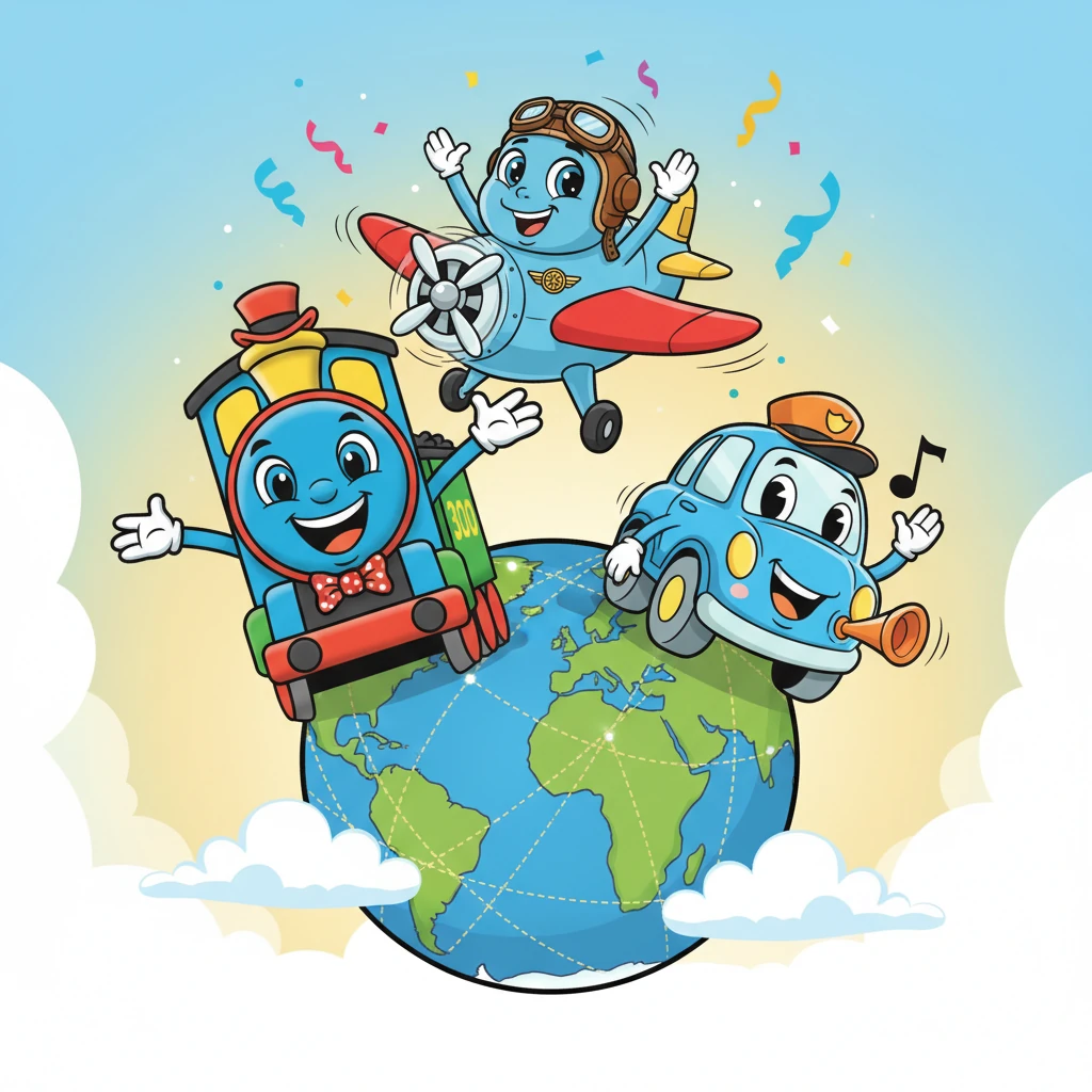 Choo-Choo Charlie, Aero Abby, and Auto Andy celebrated their successful mission with big smiles. They realized that by working together, each using their unique strengths, they could connect any two points on Earth. From then on, they knew they were the best global connectors, making the world a wonderfully connected place for everyone, always ready for the next adventure.