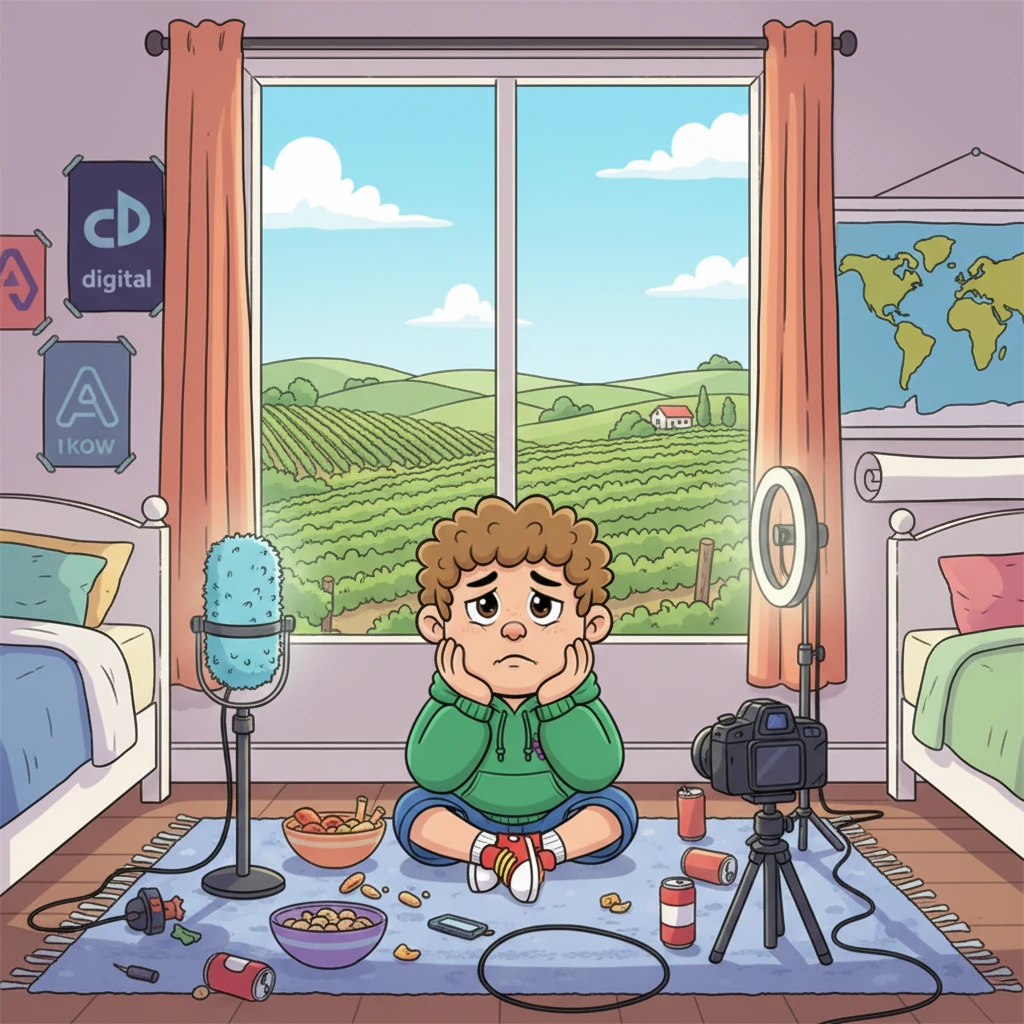 Kobus sat in his bedroom, his "Studio," surrounded by vlogging gear and half-eaten snacks. He dreamt of global digital domination, but the window behind him showed vineyards stretching into the distance, a world he felt he needed to conquer, not just live in. His face, usually bright with ambition, was currently a picture of mild despair.