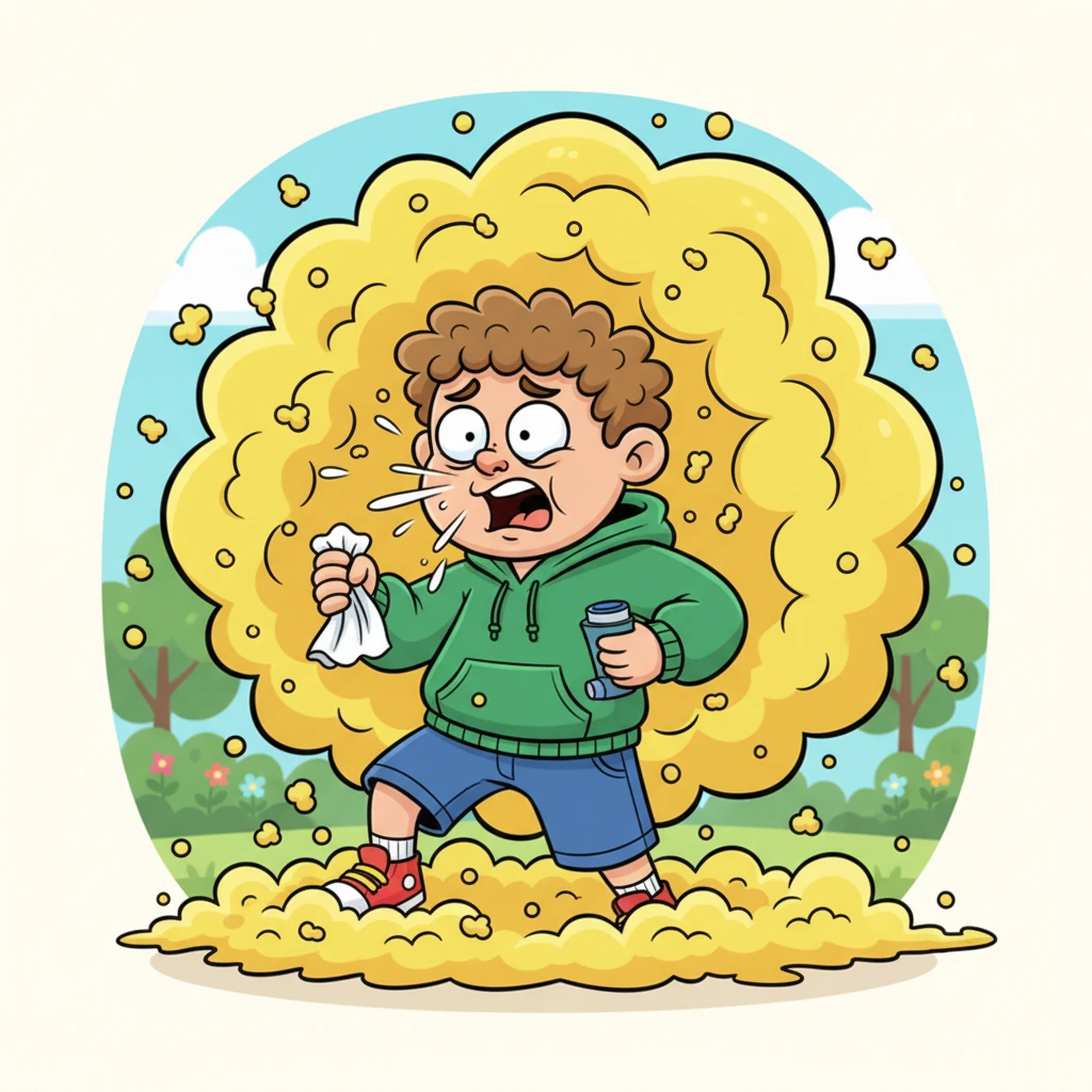 A giant, cartoon-like cloud of yellow pollen swirled around Kobus, making him sneeze so hard his eyes practically popped out. He clutched a crumpled tissue and an inhaler, looking utterly defeated by the invisible enemy. The air itself seemed to be conspiring against his grand plans.