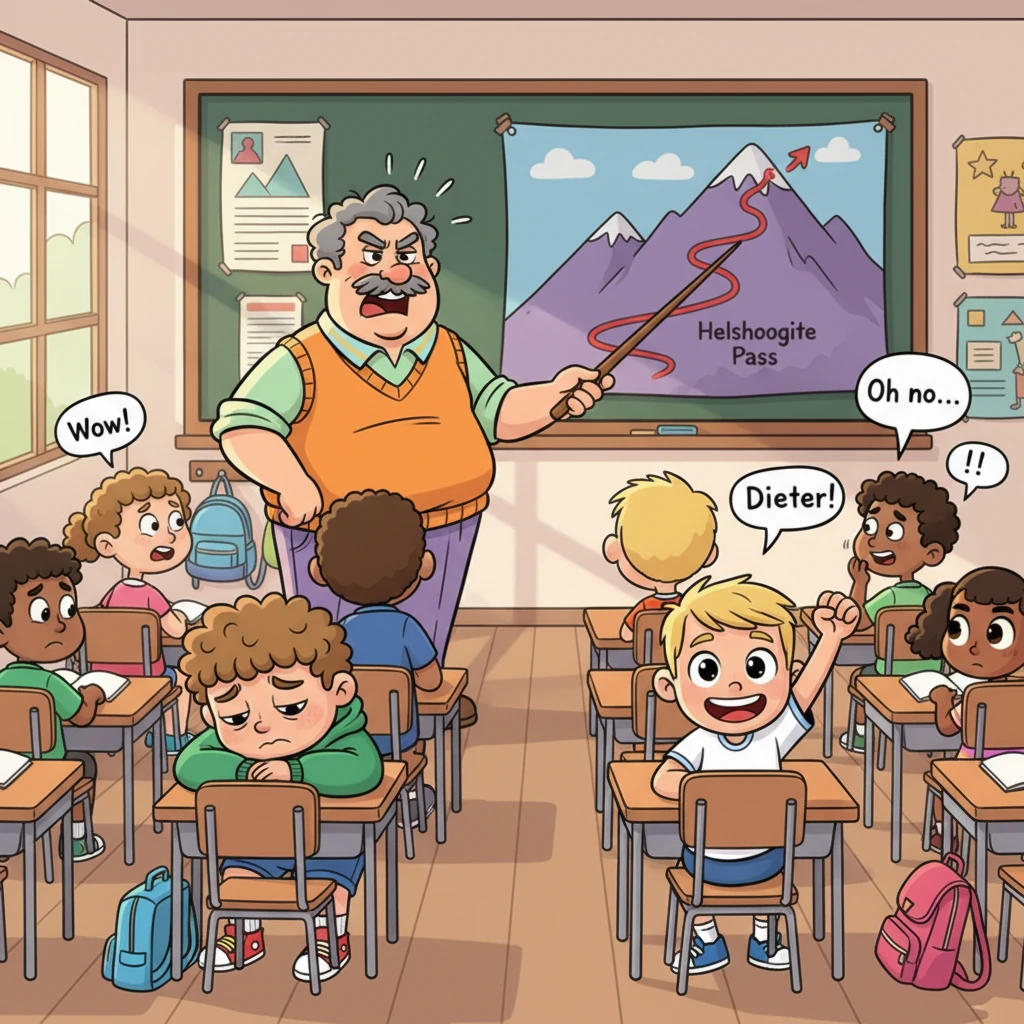 Mr. Bronkhorst, a stern teacher with a booming voice, dramatically pointed to a map of Helshoogte Pass, a jagged red line snaking up a mountain. Kobus slumped in his chair, already picturing the agony, while his rival Dieter pumped his fist with athletic zeal. The entire class buzzed with a mix of excitement and dread.