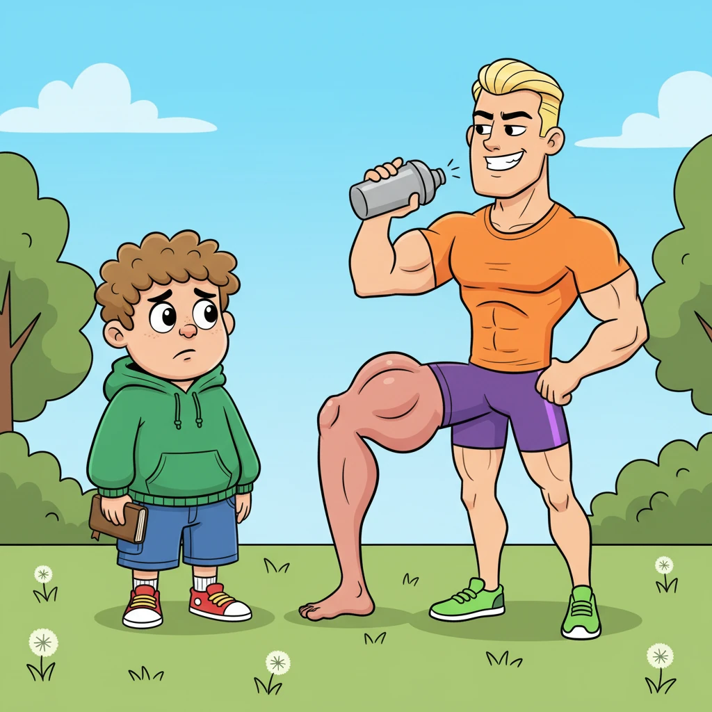 Dieter van der Merwe flexed a ridiculously muscular leg, his calf bulging like a small, pressurized ham. He sipped casually from a protein shake, a smug grin plastered across his face, while Kobus watched, feeling utterly inadequate next to his rival's athletic perfection.